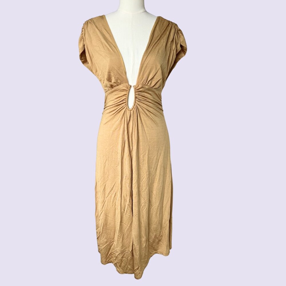 Anthropologie Golden Draped Plunge Maxi Dress